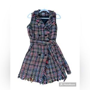 CHARLOTTE RUSSE MULTI-COLOR RAINBOW ON BLACK TWEED FRINGED DRESS SIZE MEDIUM